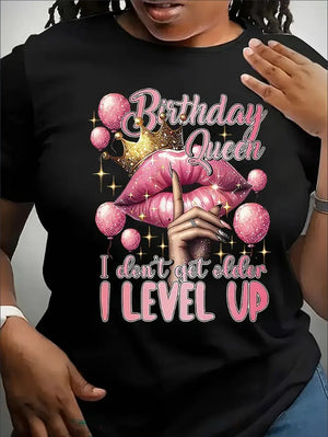 Black plus size T-shirt front with Birthday Queen party graphic and text 'I Level Up'