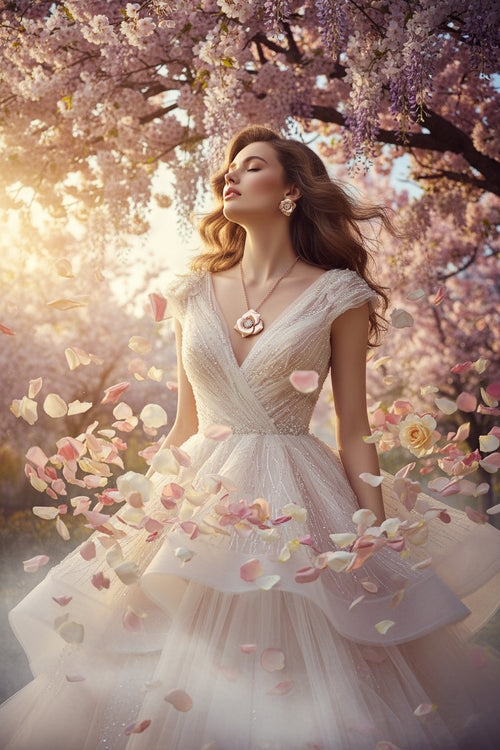Rose gold bridal necklace with flower pendant and crystal stud earrings