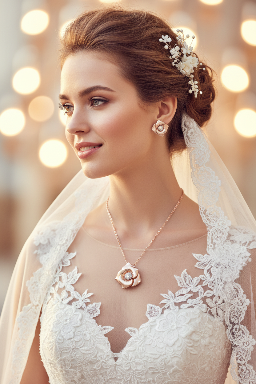 Rose gold bridal necklace with flower pendant and round crystal stud earrings