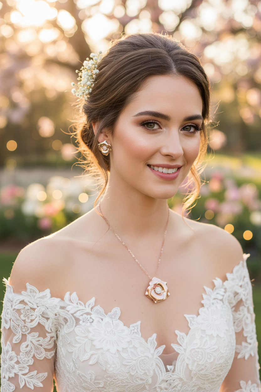 Rose gold bridal necklace with flower pendant and crystal stud earrings