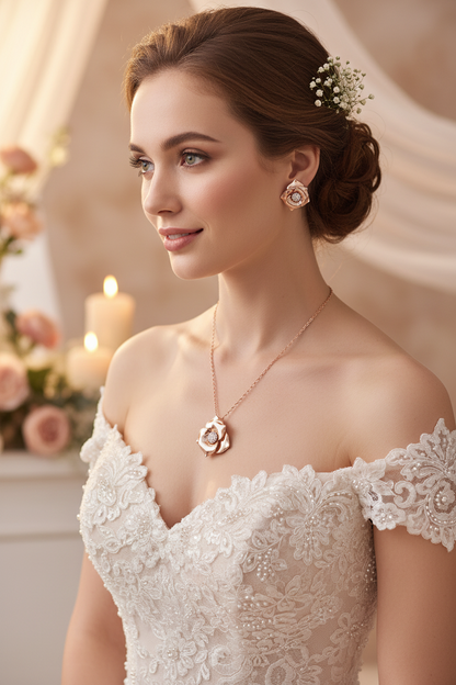 Rose gold bridal necklace pendant with flower center and crystal stud earrings