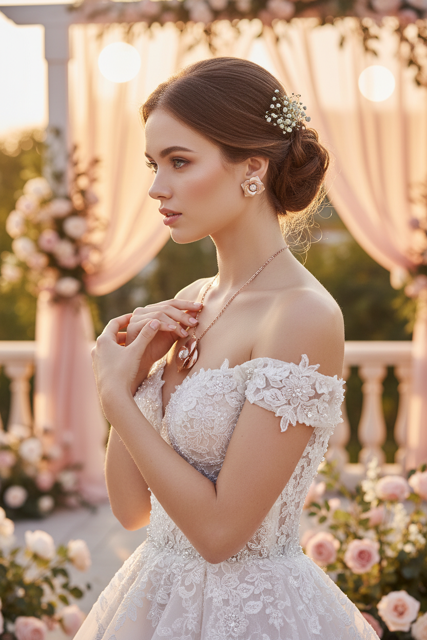 Rose gold bridal necklace with flower pendant and matching crystal stud earrings