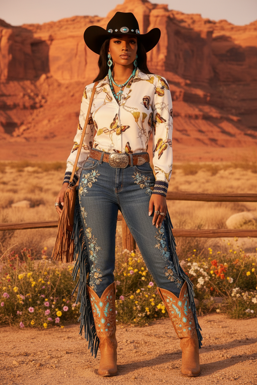 White long-sleeve shirt with gold butterfly print and button front
