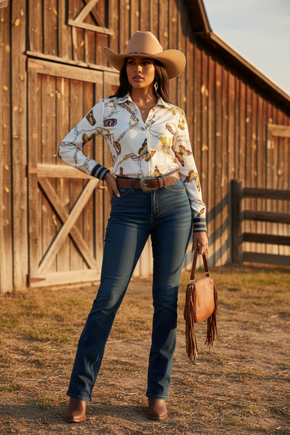 White long-sleeve shirt with colorful butterfly print and button front