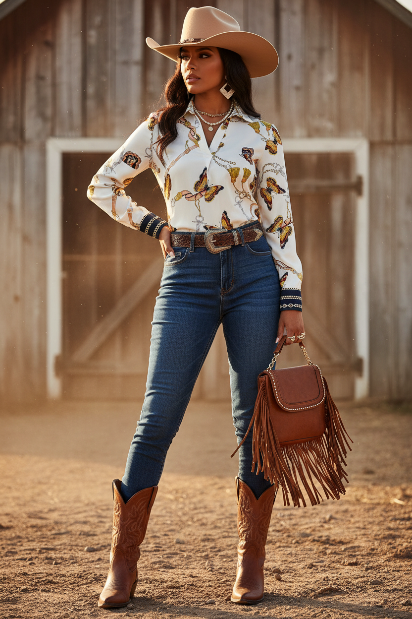 White long-sleeve shirt with colorful butterfly print and button front
