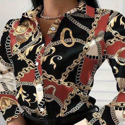 Ladies' Sexy Button Up Shirt With Fashionable Chain Print V-neck Lapel Long Sleeved Top