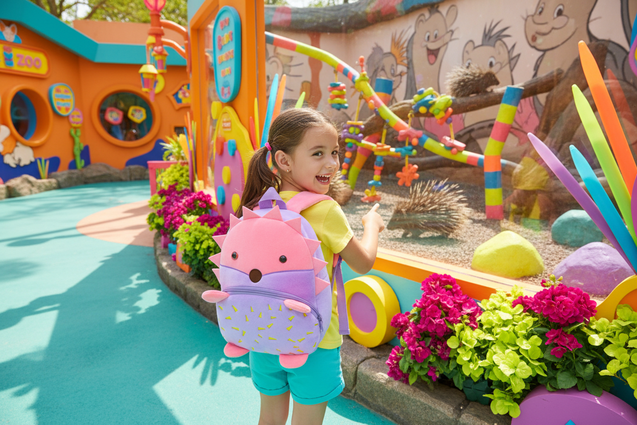 Kids animal backpack with pink fox face, rounded ears, and front zipper pocket