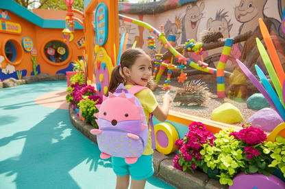 Kids animal backpack with pink fox face, rounded ears, and front zipper pocket