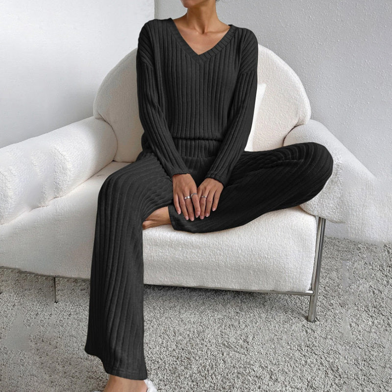 Women's 2-Piece Set Solid Color V-Neck Long Sleeve Top & Straight Leg Pants, Ribbed Texture Outfit