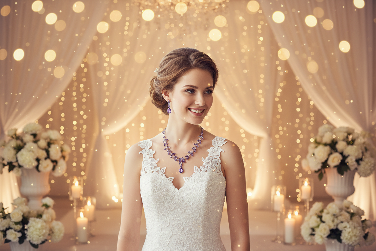 Blue gemstone wedding necklace with drop earrings in front view