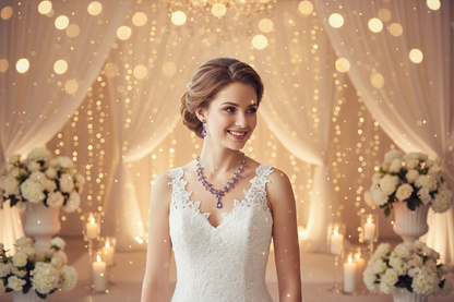 Blue gemstone wedding necklace with drop earrings in front view