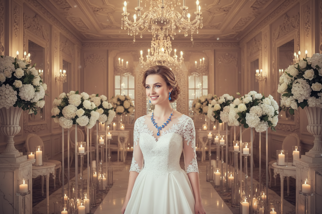 Blue gemstone wedding necklace and drop earrings worn with gown