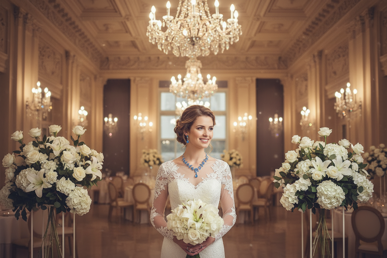 Blue gemstone bridal necklace and drop earrings