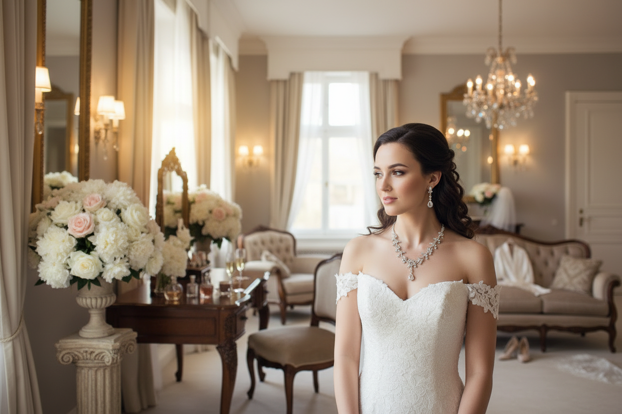 Blue gemstone bridal necklace set with drop earrings