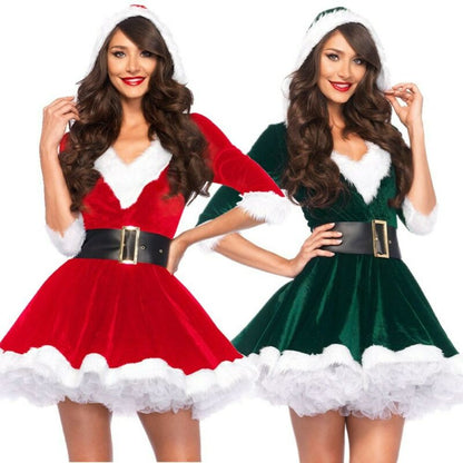 Women Christmas Sexy Santa Claus Hoodie Cosplay Costumes Women Evening Party Clothes Winter Warm Dresses