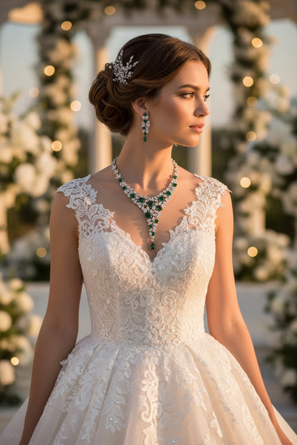 Zircon necklace and earring set with green-toned zircon drop earrings and matching necklace