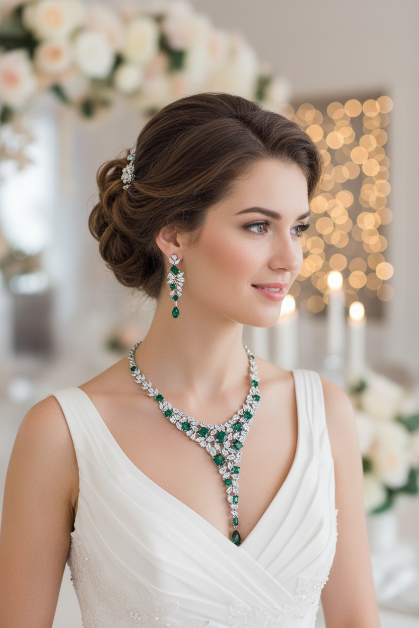 White wedding dress with green rhinestone necklace and matching green drop earrings