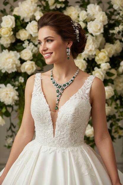 White wedding dress with green rhinestone necklace and matching green drop earrings