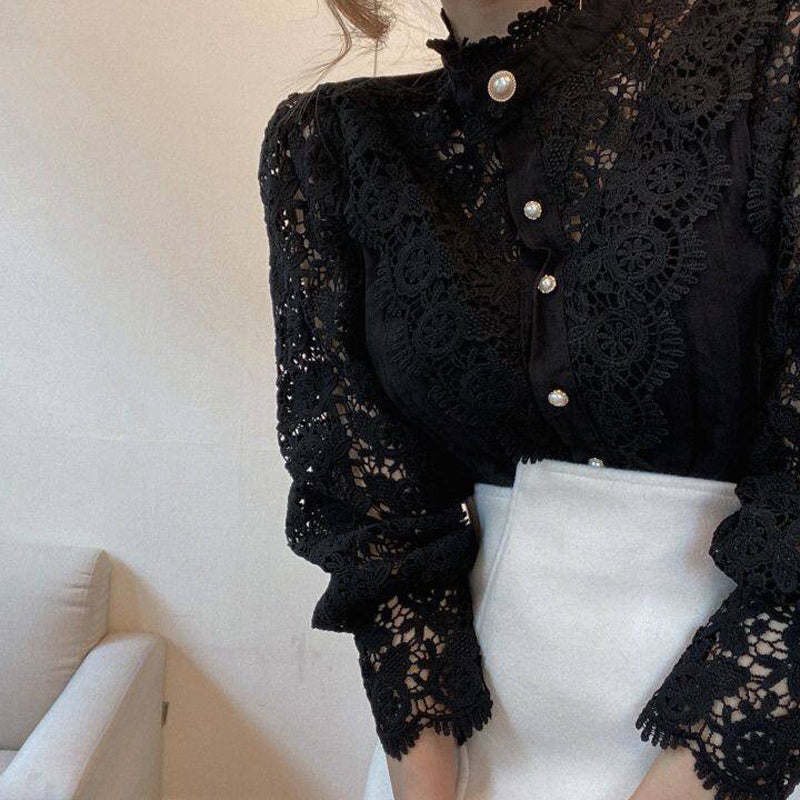 Elegant Women's Vintage Pearl Button Lace Blouse - Puff Sleeve Semi-Sheer Ruffled Stand Collar Shirt