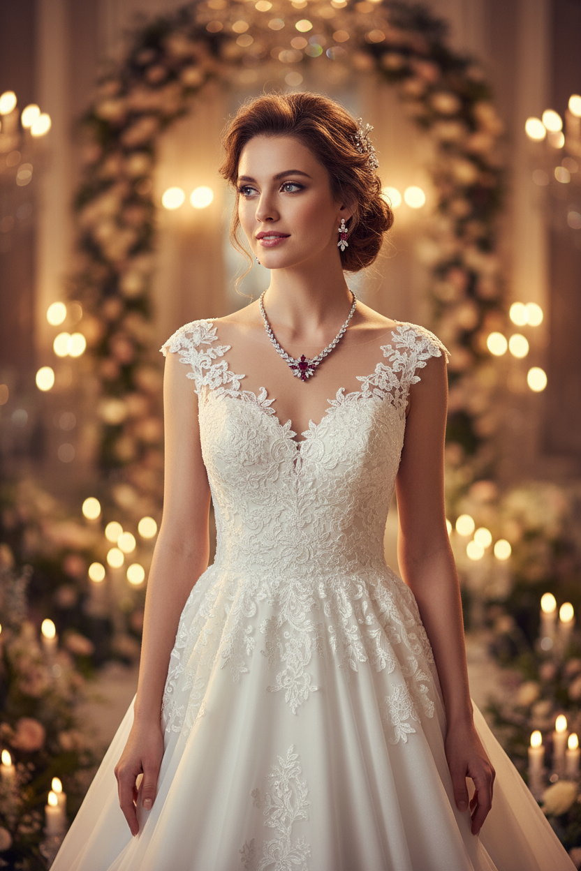 White lace wedding dress with floral necklace and dangling earrings, blue accent