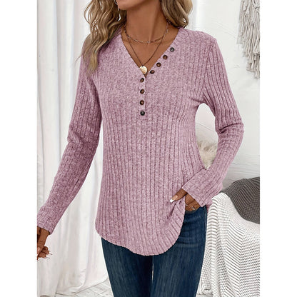 Women's Long Sleeves Ribbed Knit Tunic Shirts V Neck Button Down Slim Fit Blouses Tops