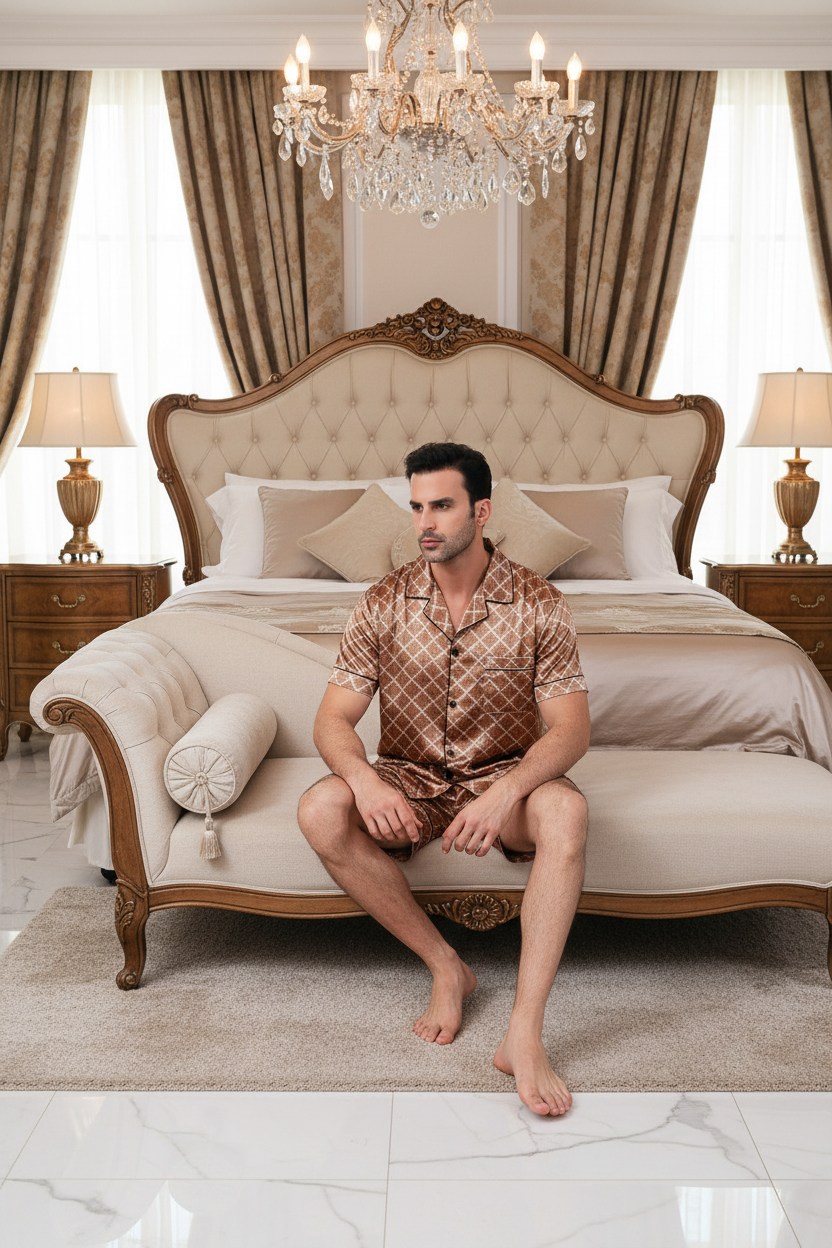 Brown patterned short suit set: short-sleeve shirt and matching shorts, seated on bed