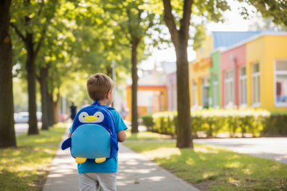 Blue plush penguin kids backpack with front beak detail and rounded side wings