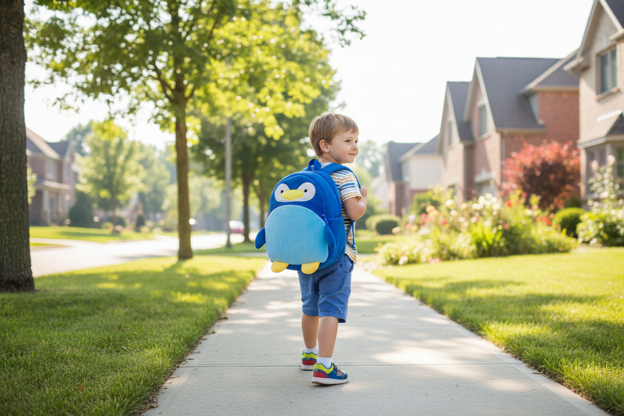 Blue plush penguin kids backpack with front face emblem and soft fabric body