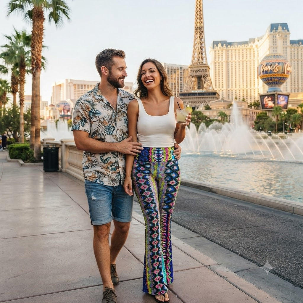 High-waist bootcut yoga pants with multicolor geometric print, worn outdoors