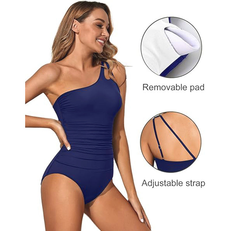 Women's Tummy Control One Piece Swimsuit, One Shoulder Full Coverage Bathing Suit