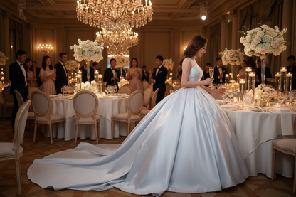 White satin wedding ballgown with long train, back view