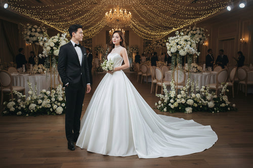White satin wedding dress with long flowing train and fitted bodice