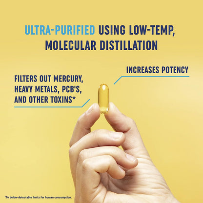 Hand holding a yellow omega-3 softgel with low-temp molecular distillation text