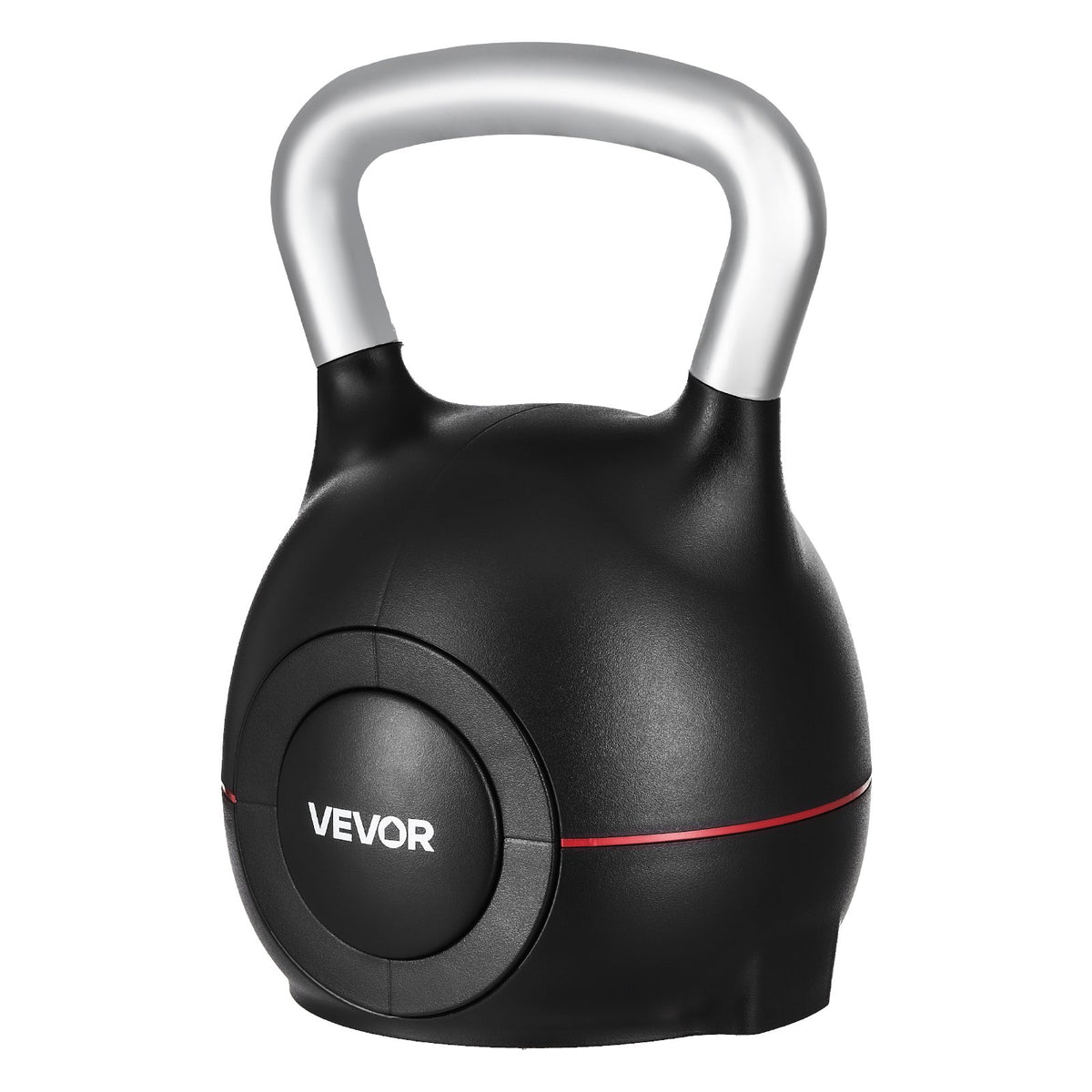 Black kettlebell with silver U-shaped handle and circular front dial