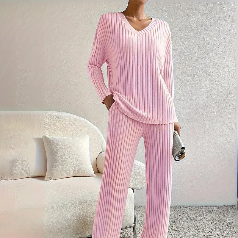 Women's 2-Piece Set Solid Color V-Neck Long Sleeve Top & Straight Leg Pants, Ribbed Texture Outfit