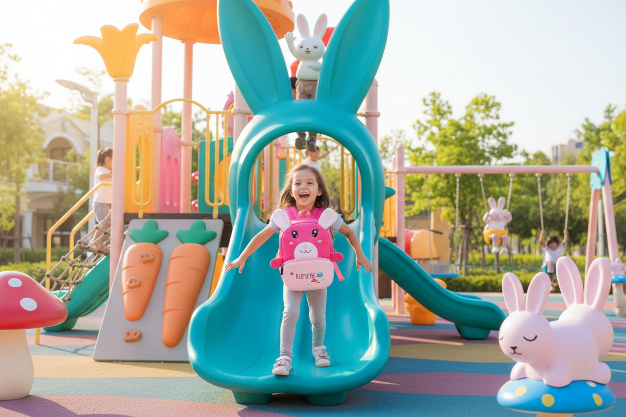 Pink bunny kids backpack with small front pouch and padded adjustable straps.