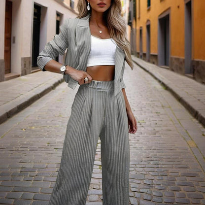 Women's Solid & Striped Long Sleeve Blazer Suit Set - Button-Up Cropped Top With Pleated Pants, Office Work Wear