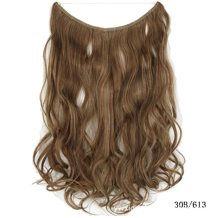 Seamless one-piece hair extension wig with wavy light brown hair, no visible part