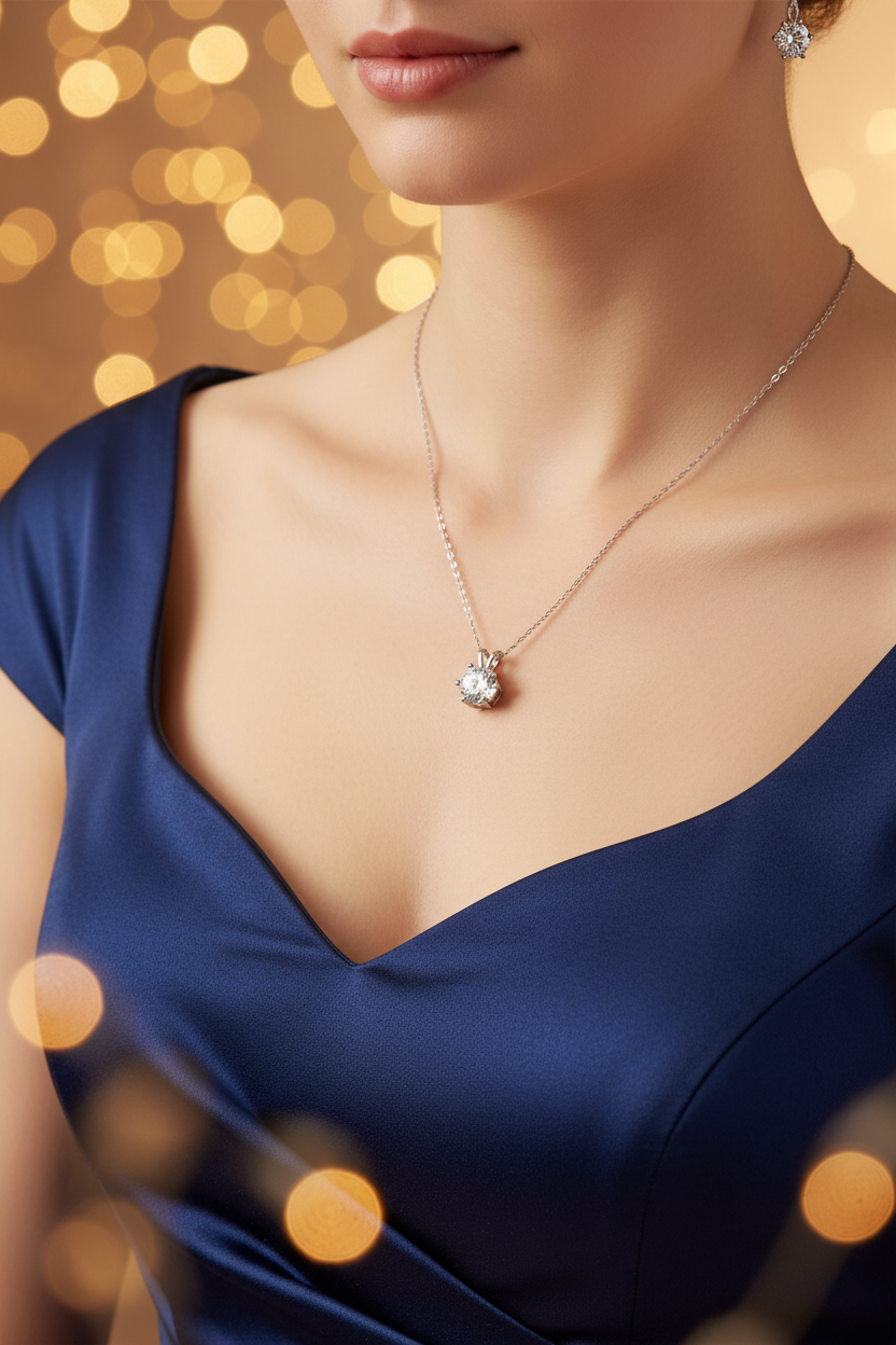 Silver pendant necklace with round crystal pendant on a navy V-neck dress