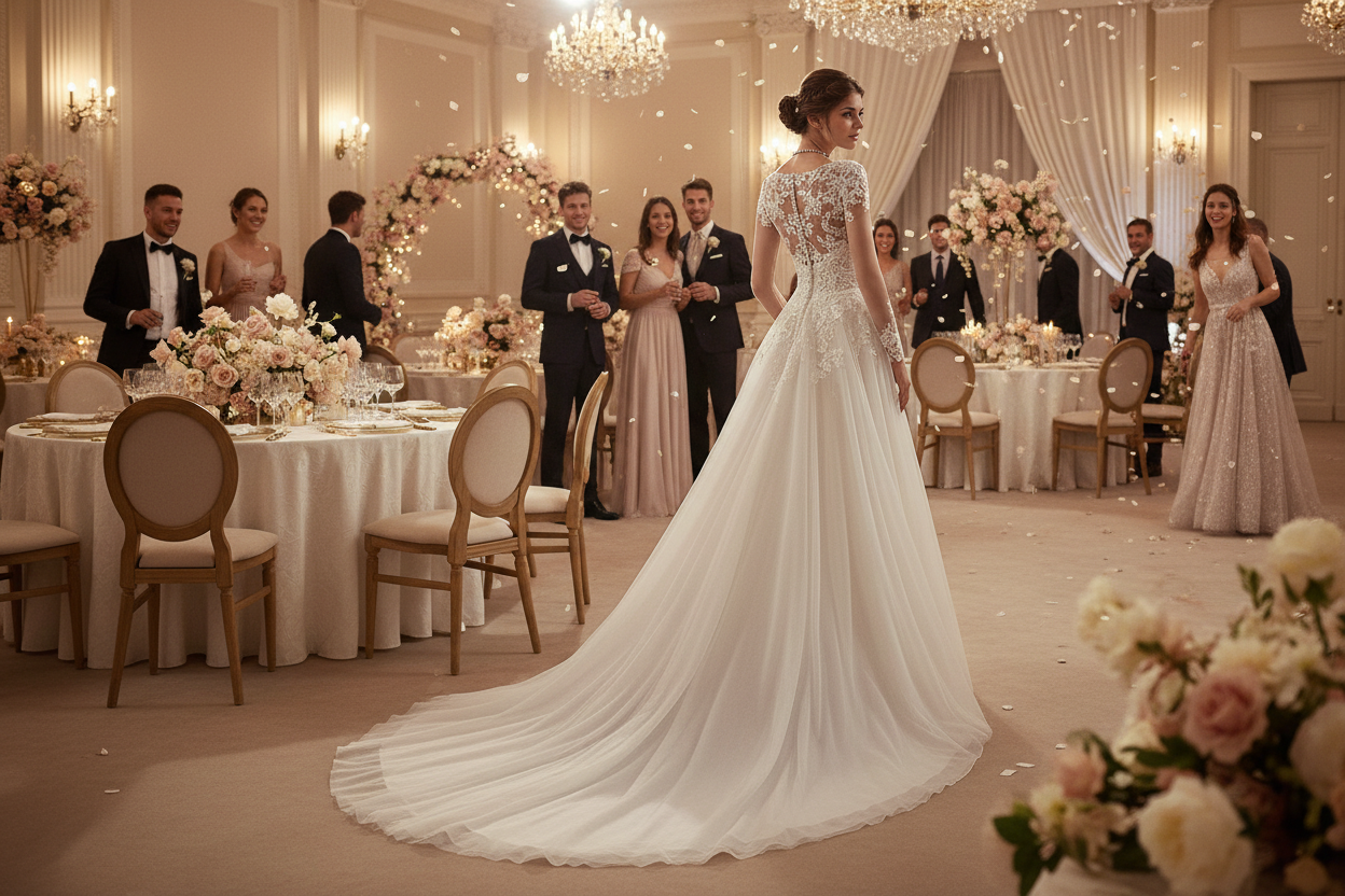 White lace wedding dress front view with high neckline, long sleeves, full A-line train