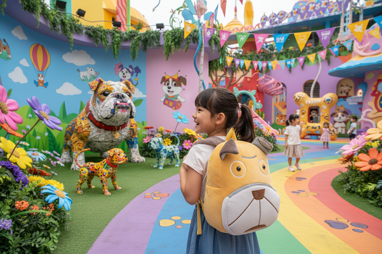 Small animal backpack with a tan dog face, floppy ears, and a rounded front pocket