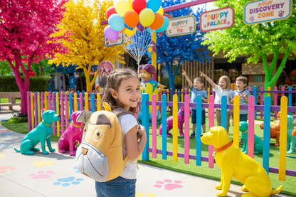 Kids animal backpack shaped like a tan dog with blue collar, front pocket and straps
