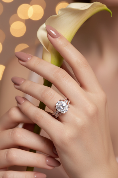 Rose-gold-tone oval zircon engagement ring with halo and prong-set center stone