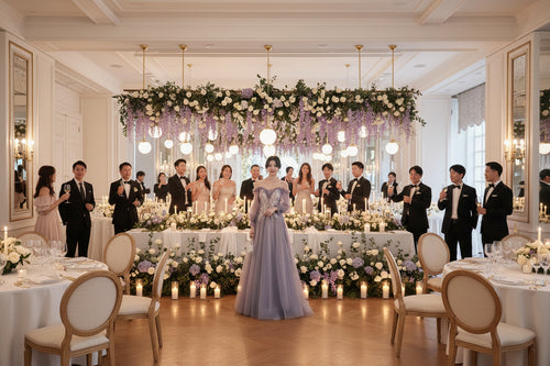 Lavender off-shoulder bridesmaid dress with lace bodice and long tulle skirt, standing view