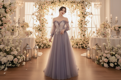 Lavender off-shoulder bridesmaid dress with ornate lace bodice, sheer sleeve layers, full length