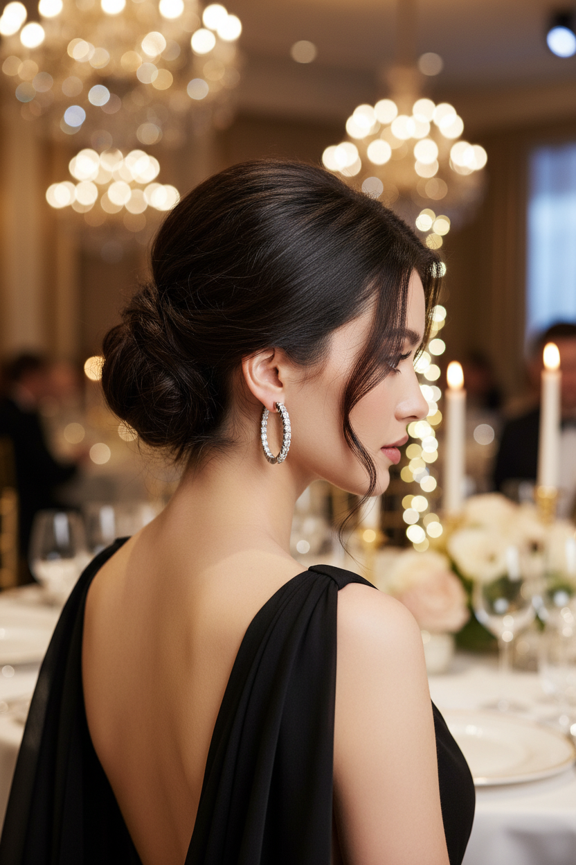 Silver oval hoop-style stud earrings with clear stones, profile view