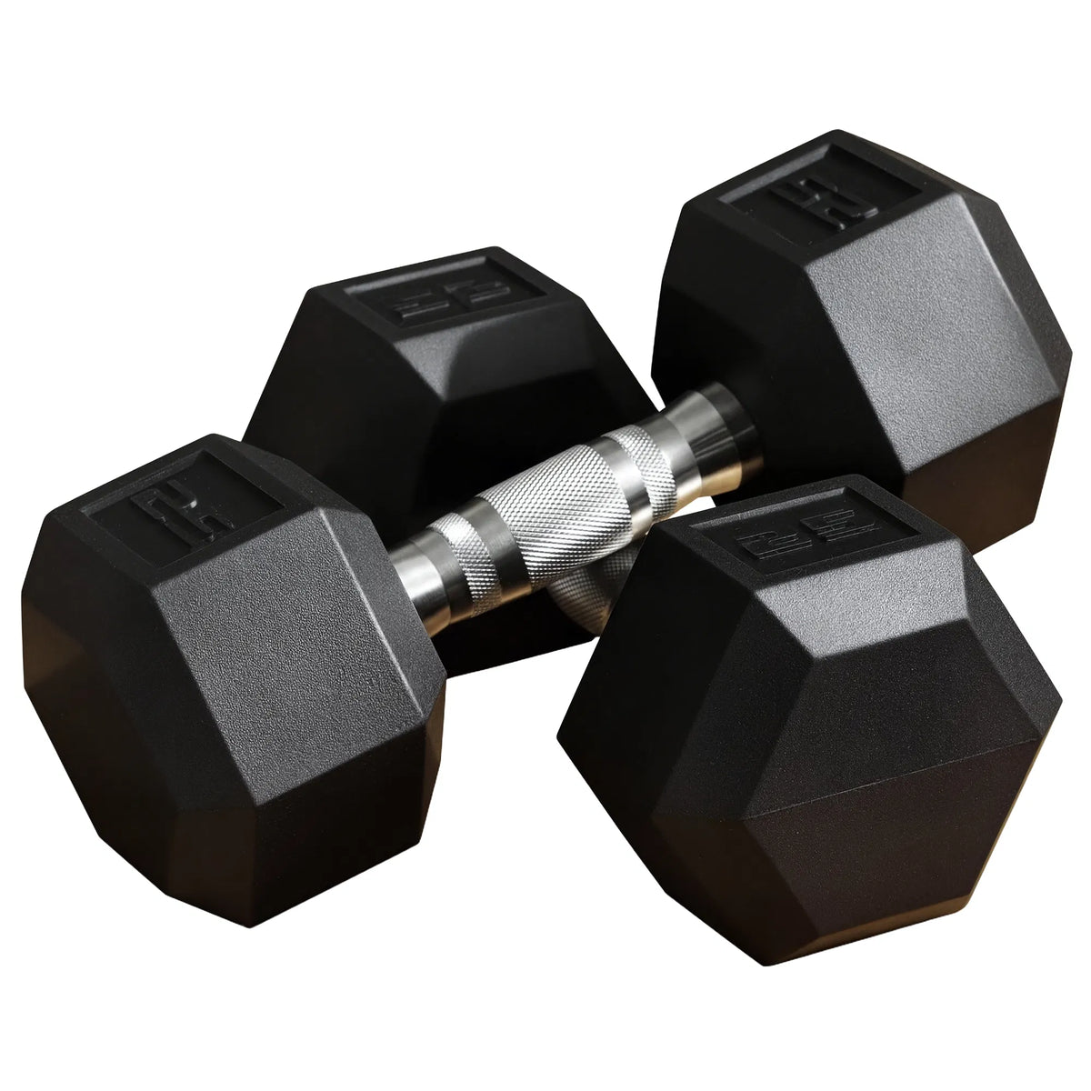 Rubber-coated hex dumbbell set with knurled steel handle, black