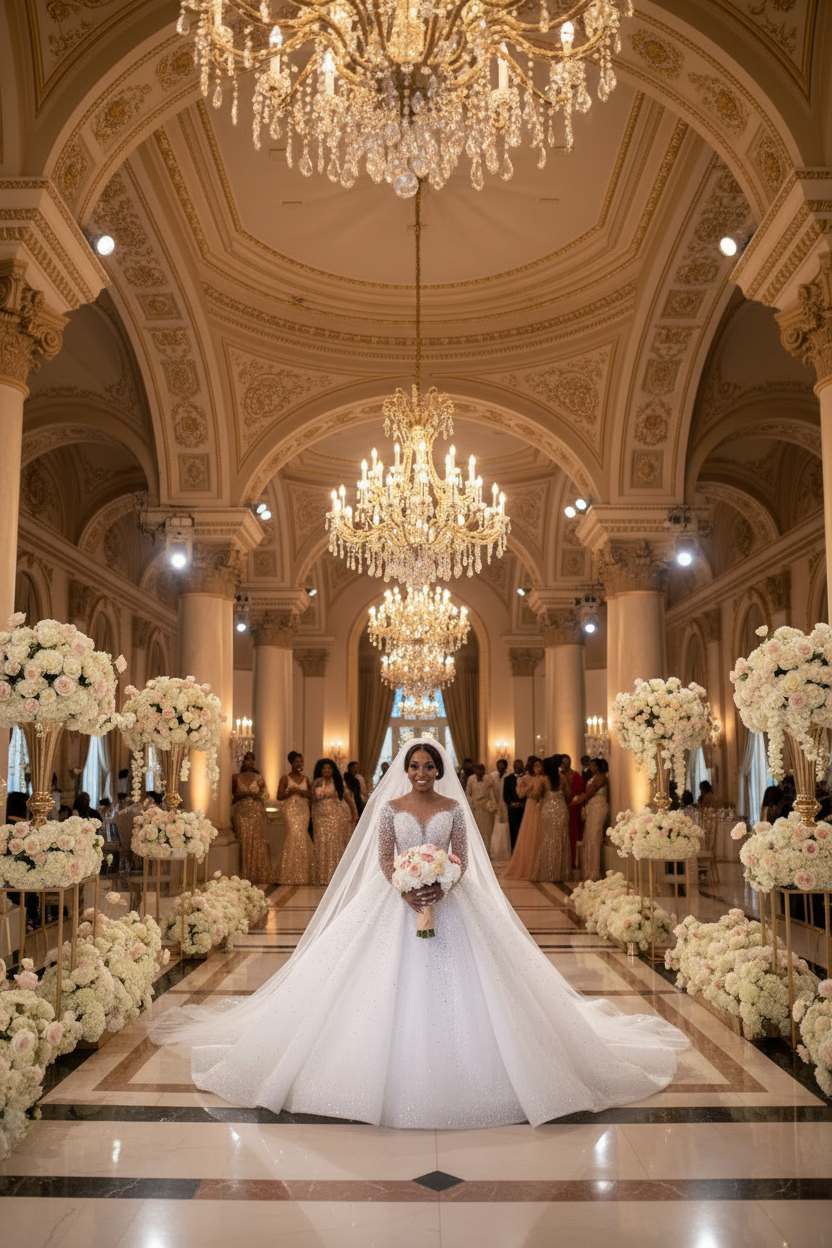 White long-sleeve bridal gown, full skirt with sparkling texture and veil train