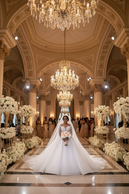 White long-sleeve bridal gown, full skirt with sparkling texture and veil train