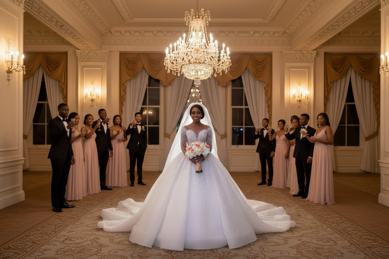 White long-sleeve bridal gown with illusion neckline, glittered bodice, and A-line skirt